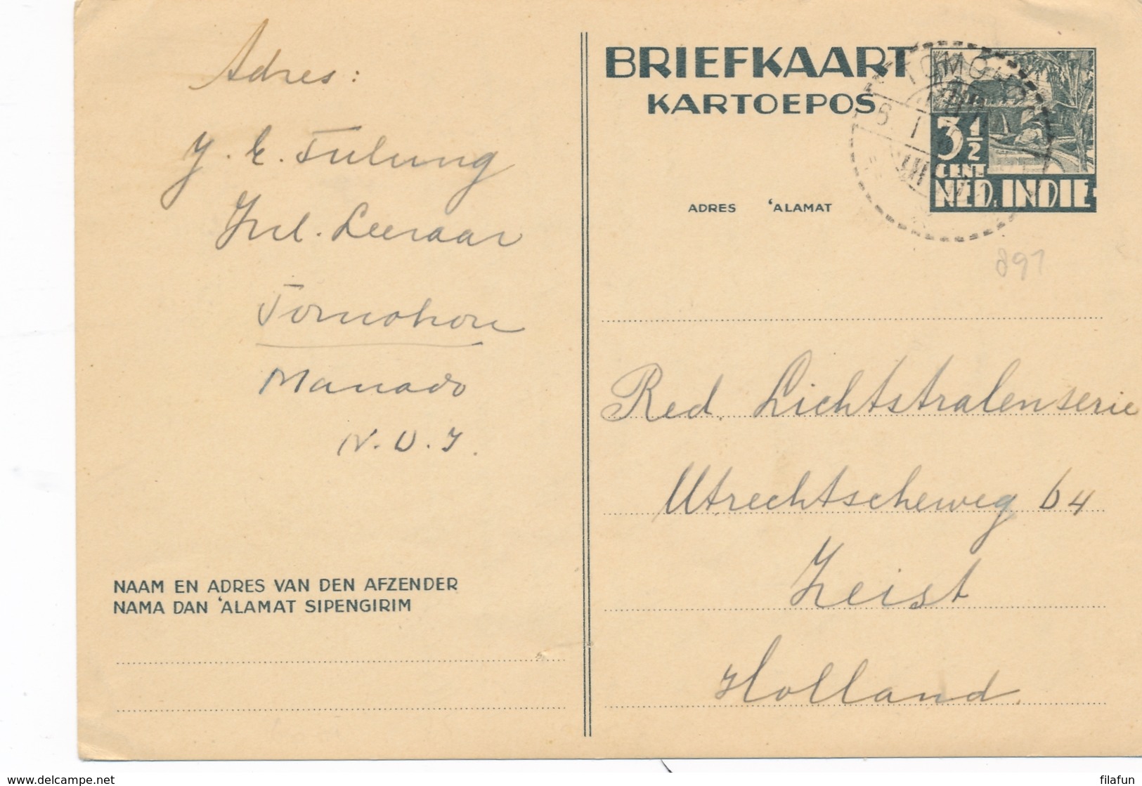 Nederlands Indië - 1940 - 3,5 Cent Karbouwen, Briefkaart G63 Van LB TOMOHON Naar Zeist / Nederland - Nederlands-Indië