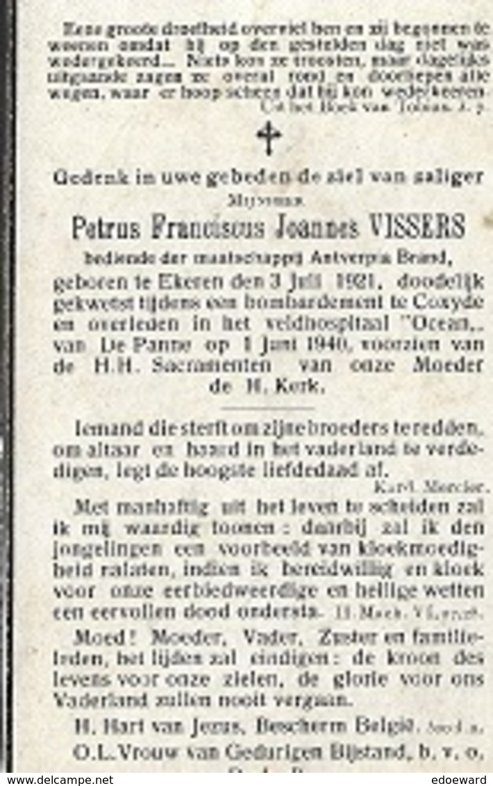 ZO2 W.O.II/ /° EKEREN 1921 + BOMBARDEMENT COKSIJDE 1940 PETRUS VISSERS   MET FOTO - Religion & Esotérisme