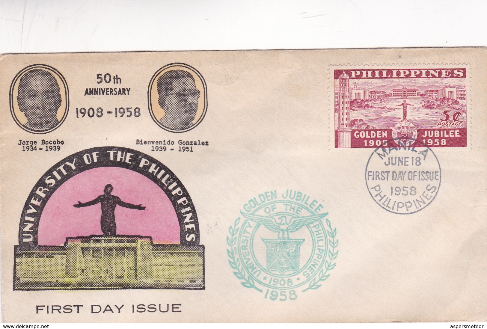 1958 FDC PHILIPPINES-UNIVERSITY OF THE PHILIPPINES, GOLDEN JUBILEE, 50TH ANNIVERSARY - BLEUP - Philippines