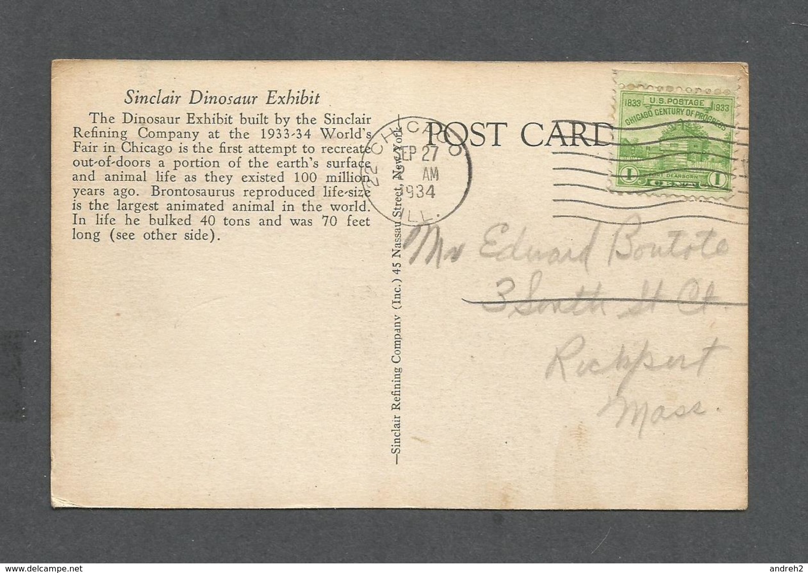 EXPOSITIONS - WORLD'S FAIR CHICAGO 1933-1934 - SINCLAIR DINOSAUR EXHIBIT - POSTMARKED 1934 NICE STAMP - Expositions