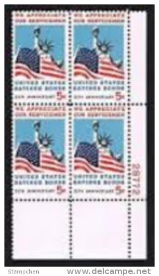 Plate Block -1966 USA Servicemen Bonds Stamp Sc#1320 Statue Of Liberty Flag Old Glory - Plaatnummers