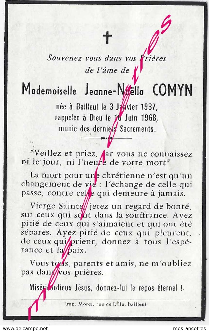 En 1968  Bailleul (59) Jeanne Noëlla COMYN - Décès