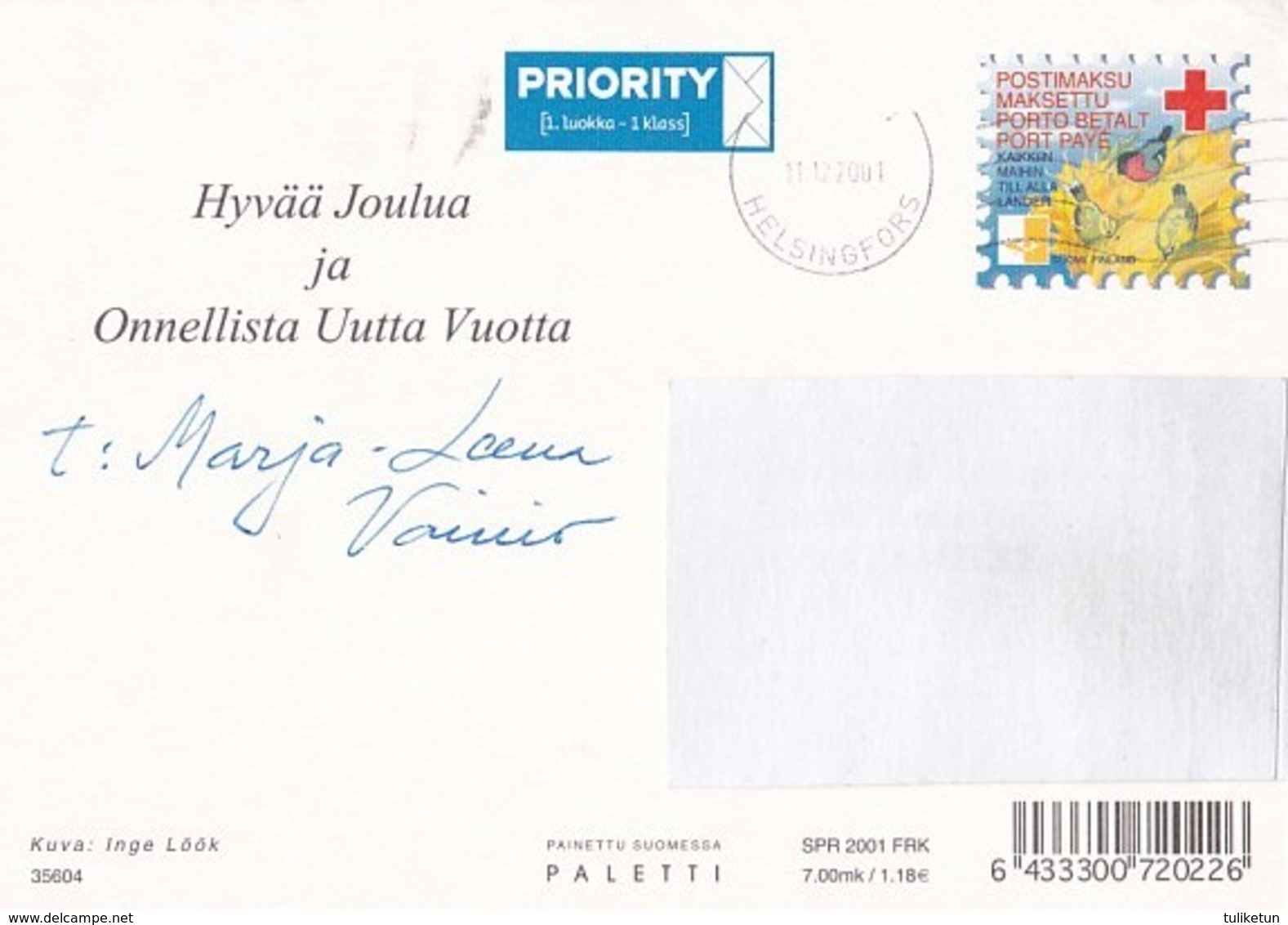 Postal Stationery - Birds - Bullfinches - Elf Crawling At The Door - Red Cross 2001 - Suomi Finland - Postage Paid - Ganzsachen