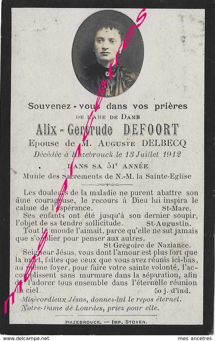 En 1912 Hazebrouck (59) Photo  Alix DEFOORT Ep Auguste DELBECQ - Décès