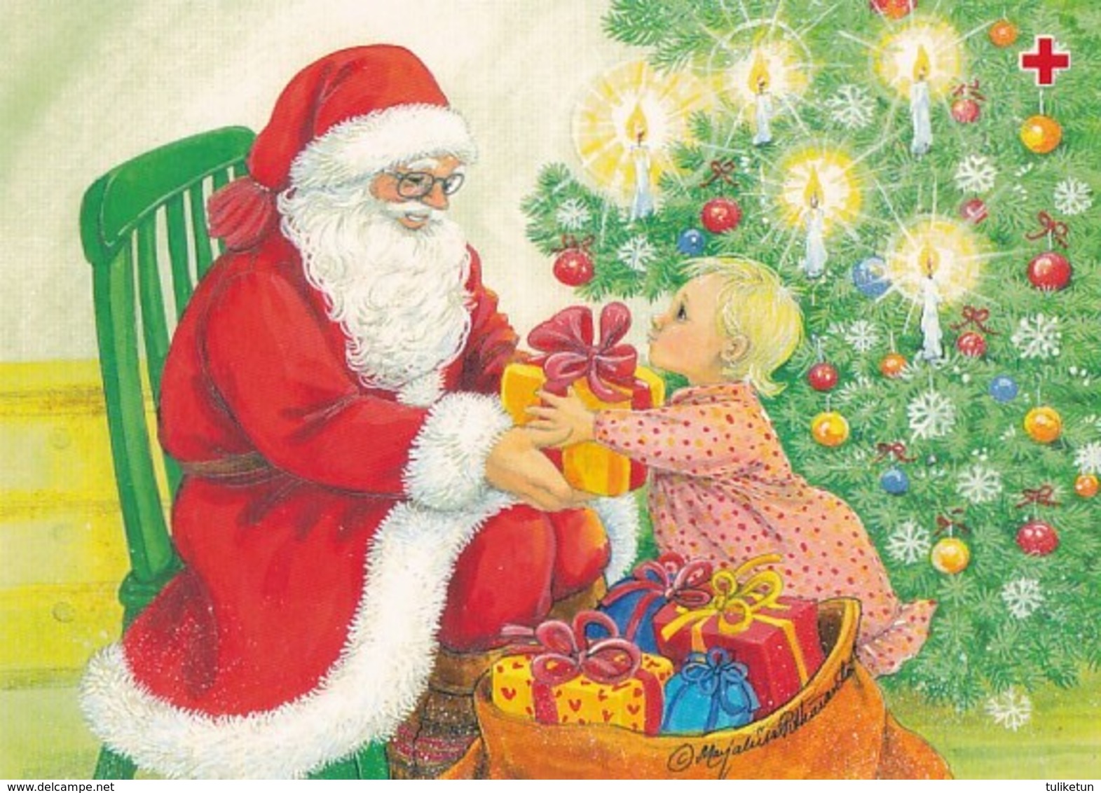 Postal Stationery - Bird - Bullfinch - Child Gives Present To Santa Claus Red Cross 1996 - Suomi Finland - Postage Paid - Interi Postali