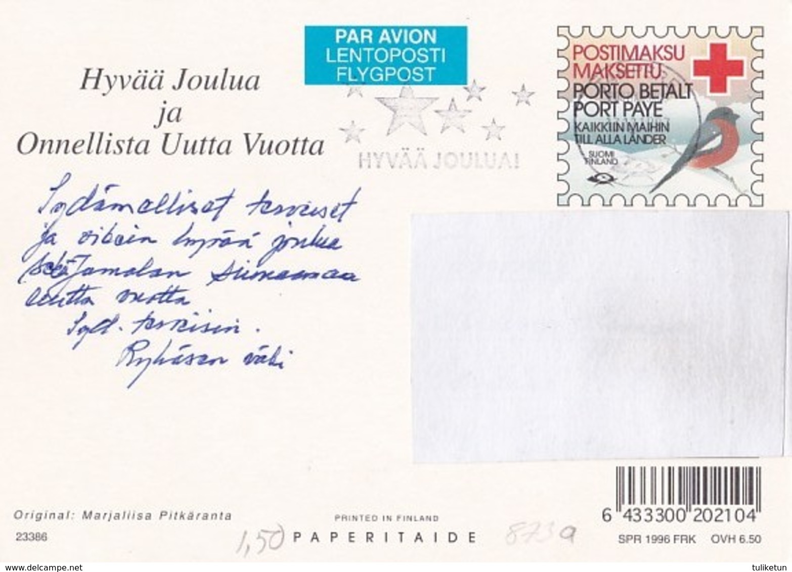 Postal Stationery - Bird - Bullfinch - Child Gives Present To Santa Claus Red Cross 1996 - Suomi Finland - Postage Paid - Interi Postali