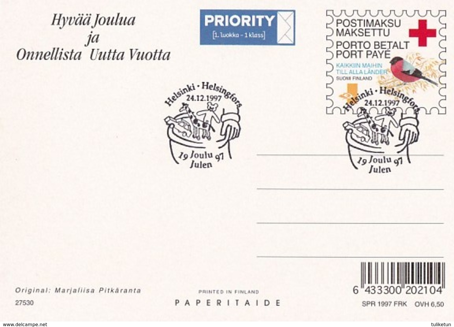 Postal Stationery - Birds - Bullfinches - Elves Bringing Presents - Red Cross 1997 - Suomi Finland - Postage Paid - Interi Postali