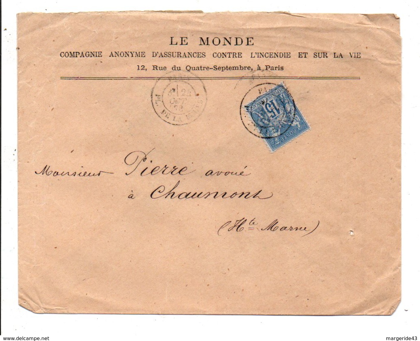 SAGE SUR LETTRE A EN TETE DE PARIS BOURSE 1878 - 1877-1920: Periodo Semi Moderno