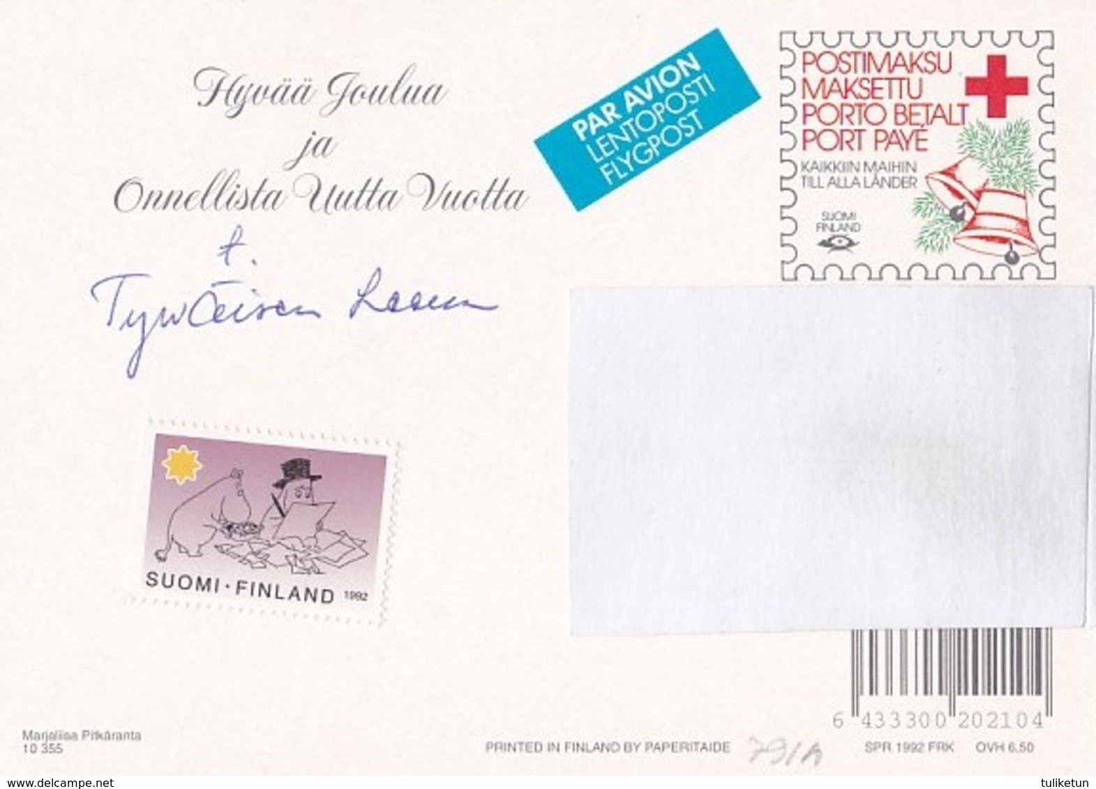 Postal Stationery - Birds - Bullfinches Decorating Christmas Tree - Red Cross 1992 - Suomi Finland - Postage Paid - Ganzsachen