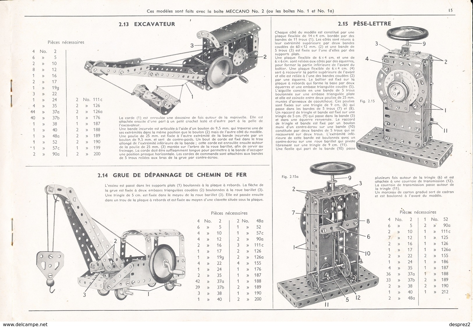 MECANO Plans Techniques Manuel d ' instruction N ° 2 Complet * 15 Feuillets * Format 29 cm X 20.5 cm