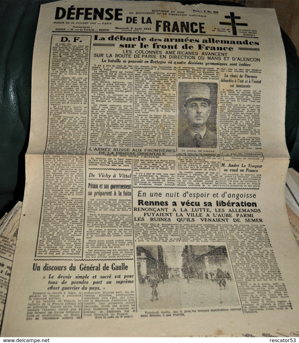 Rare Journal Défense De La France Du 9 Août 1944 Libération De Rennes - 1939-45