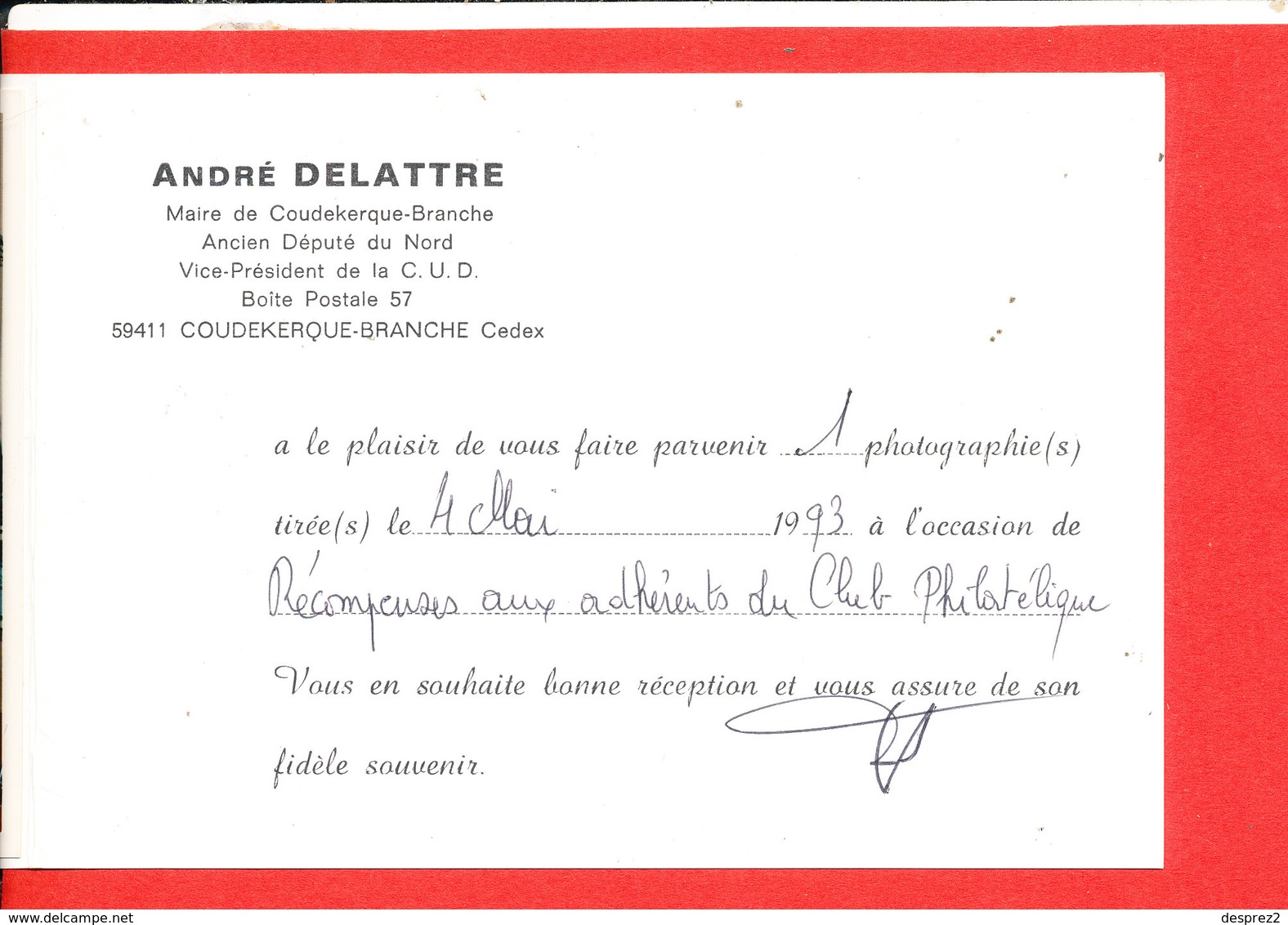59 COUDEKERQUE BRANCHE Cp Double Avec Photo Recompense Adhérant Club Philatelique - Coudekerque Branche