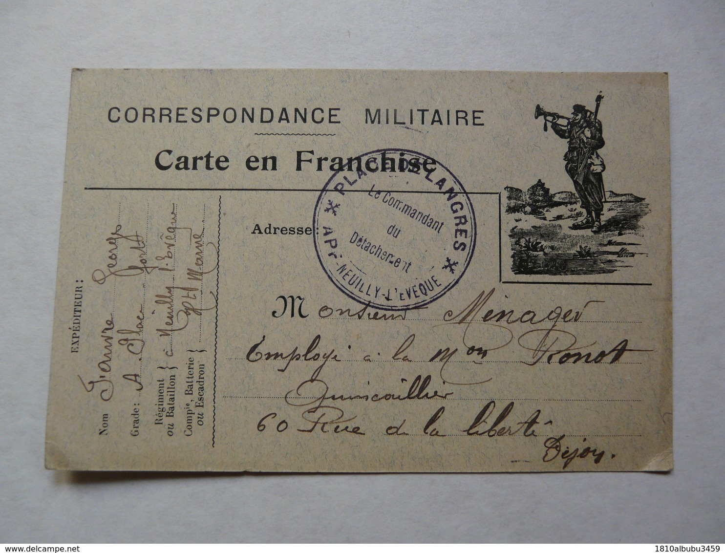 CARTE EN FRANCHISE - Correspondance Militaire : Régiment De Neuilly L'Evéque - Régiments