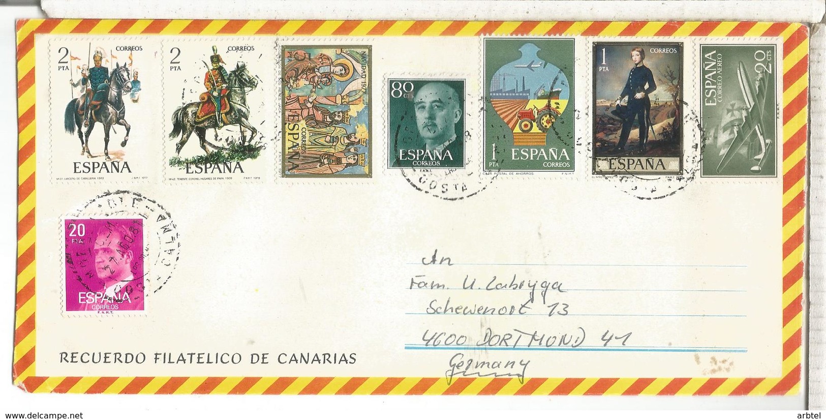 CANARIAS SOBRE TURISTICO MAT CEM SELLOS UNIFORMES AVION CARABELA NAVIDAD ARTE - Cartas & Documentos