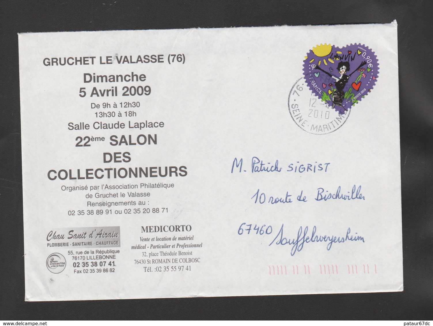 FRANCE / 2010 / Y&T N° AA 387 : "Coeur" Lanvin 0.90 € Adhésif De Feuille) - Sur Pli 2010 04 12 - 1961-....