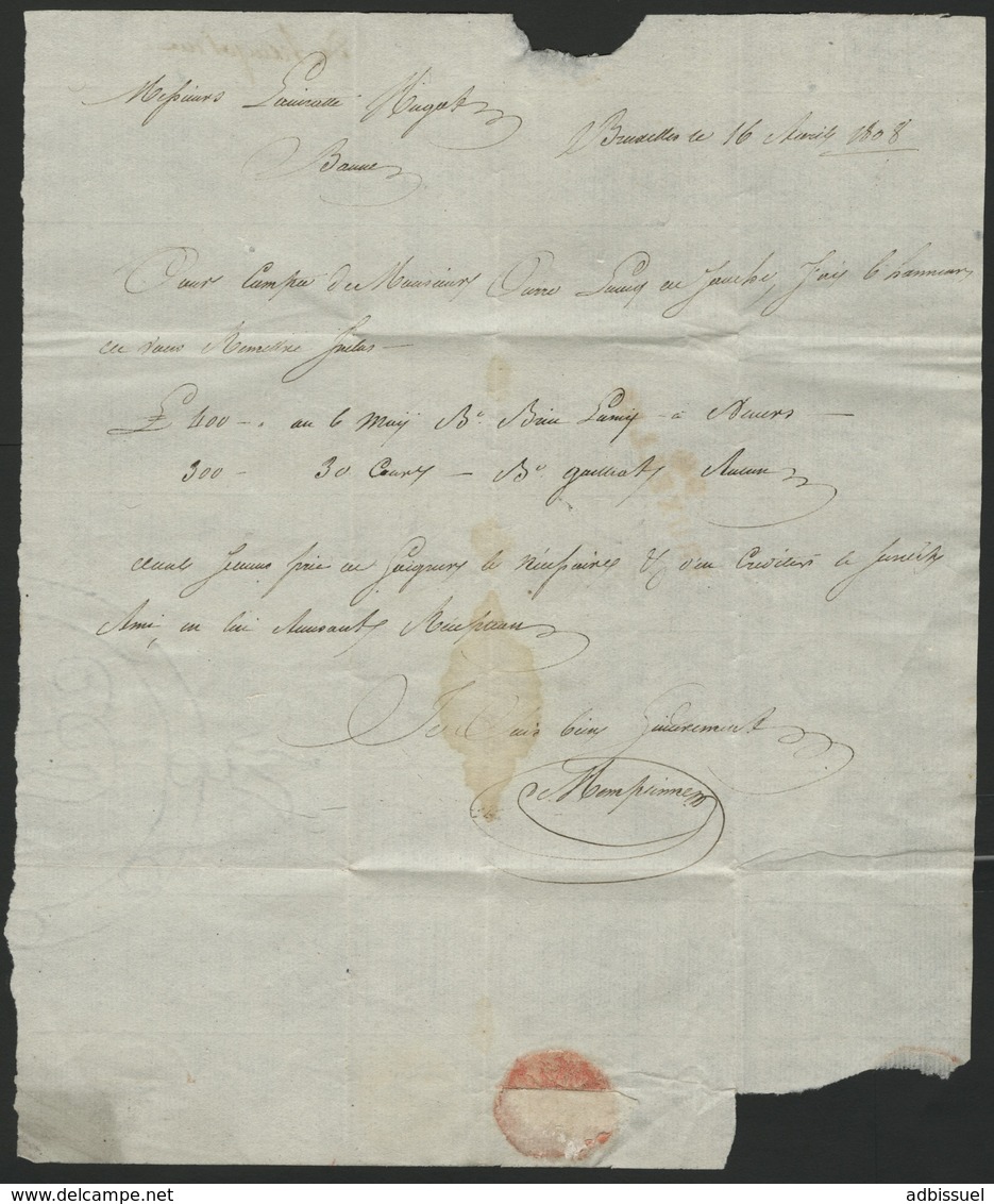 1808 "94 / BRUXELLES" (41*11) En Rouge S/ Lettre Datée Du 16 Avril 1808 Et Adressée à Beaune. - 1792-1815: Départements Conquis
