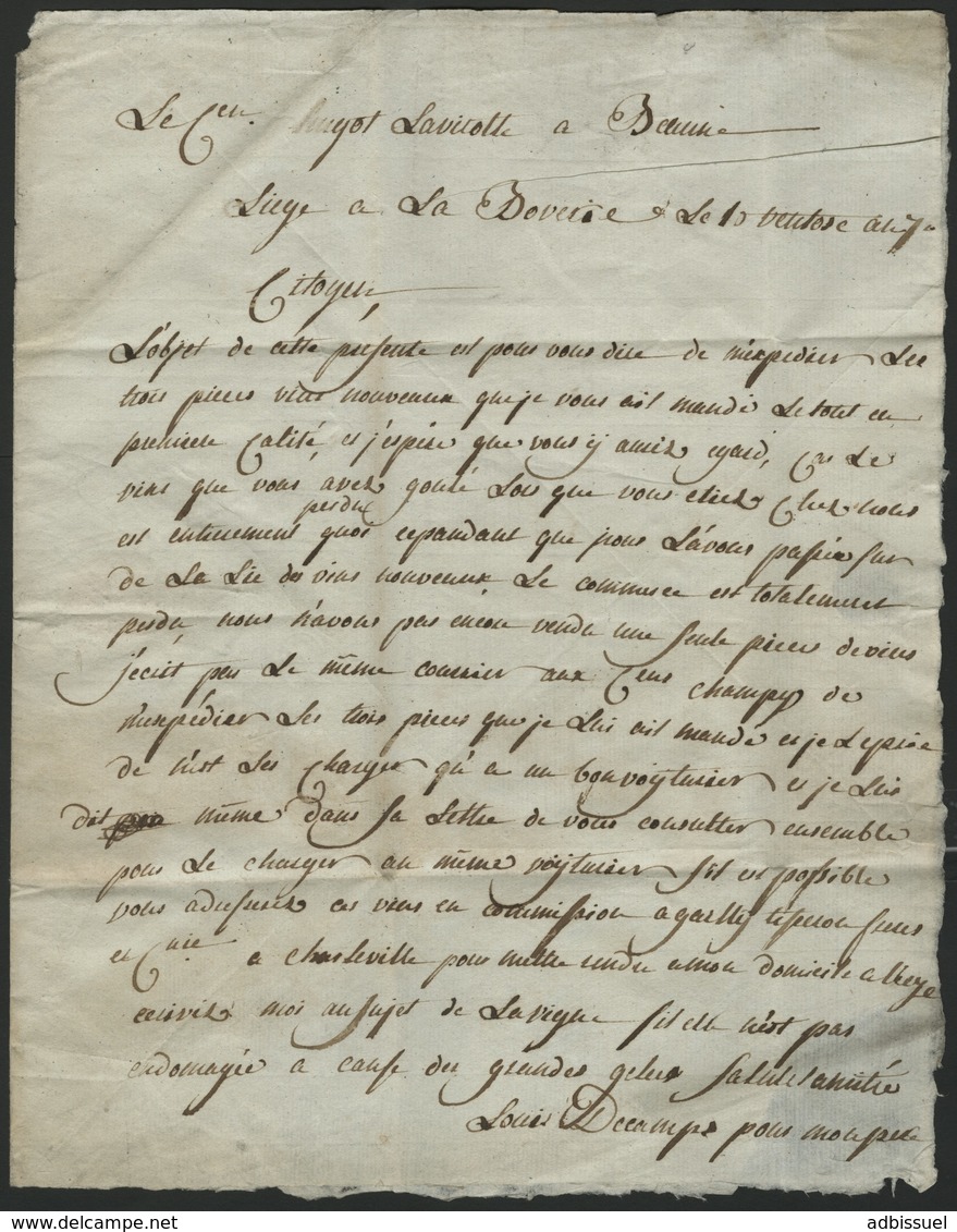 1799 "96 / LIEGE" (29 X 12.5) En Rouge S/ Lettre Datée Du 10 Ventose An 7 (28 Février 1799) Et Adressée à Beaune. - 1794-1814 (Französische Besatzung)