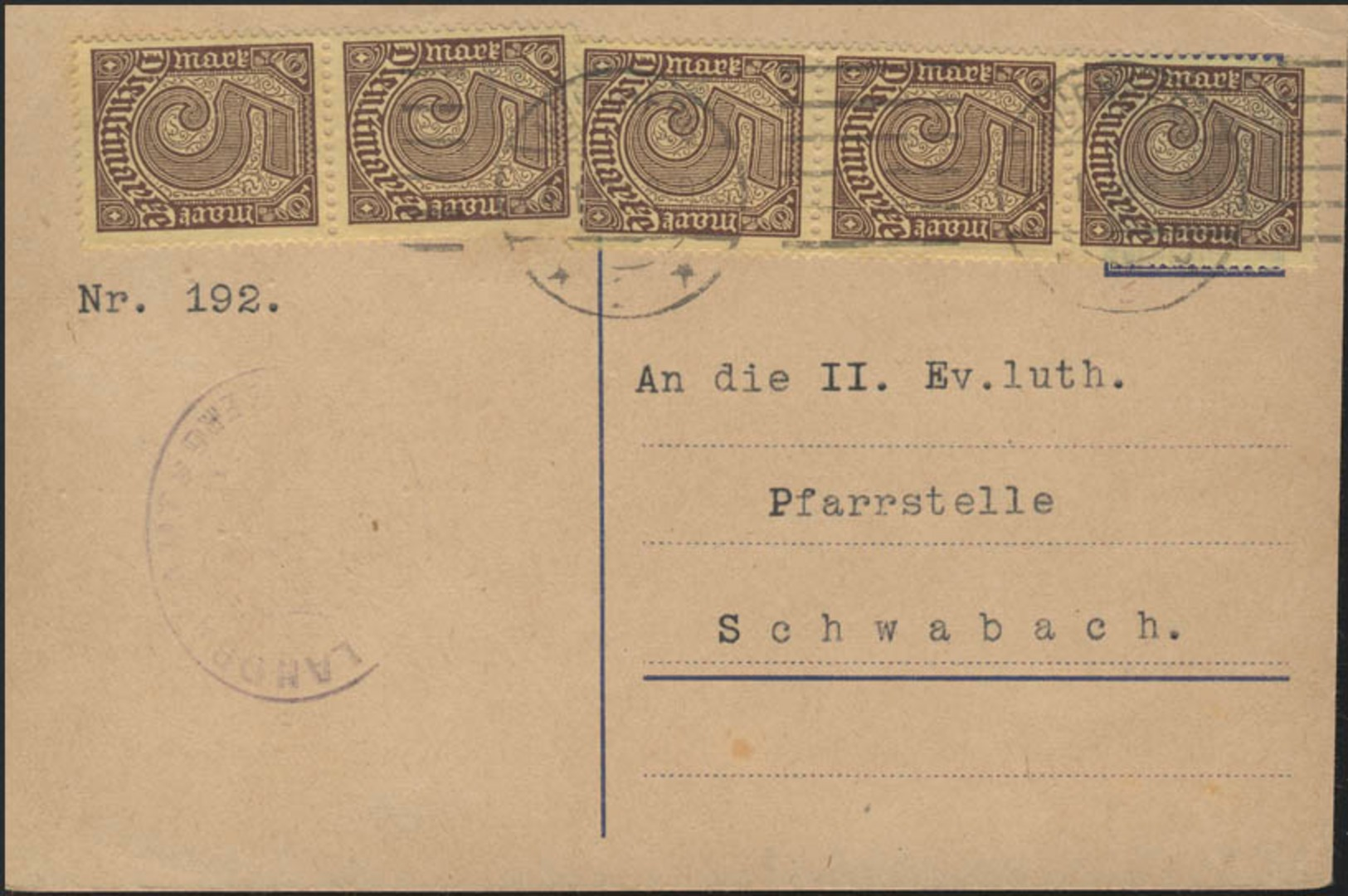 Dienst 33 Ziffer 5 M MeF Postkarte Nürnberg 24.1.1923 N. Schwabach/Pfarrstelle - Sonstige & Ohne Zuordnung