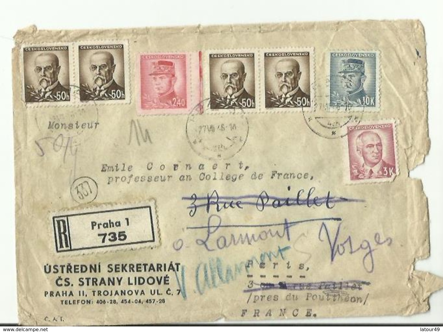 Enveloppe Timbres   1946  Praha 1 ..... 735  Envoyer En France Paris - Briefe