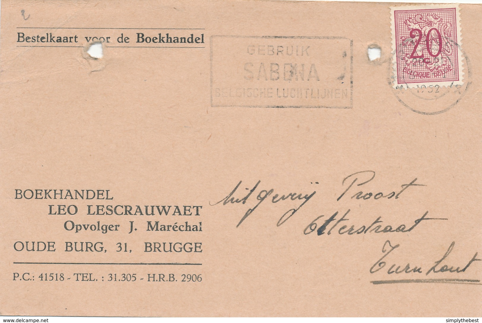 375/29 - Carte Privée TP Lion Héraldique BRUGGE 1952 - Entete Boekhandel Lescrauwaet , Opvolger Marechal , Brugge - Covers & Documents