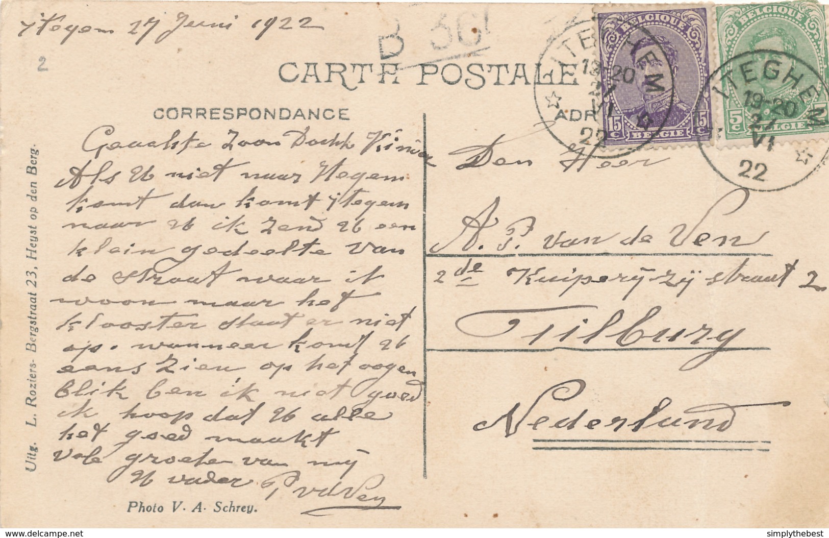 383/29 -  Carte-Vue Dorpstraat TP Petit Albert Cachet RELAIS à Etoiles ITEGHEM 1922 Vers TILBURG NL - Sterstempels