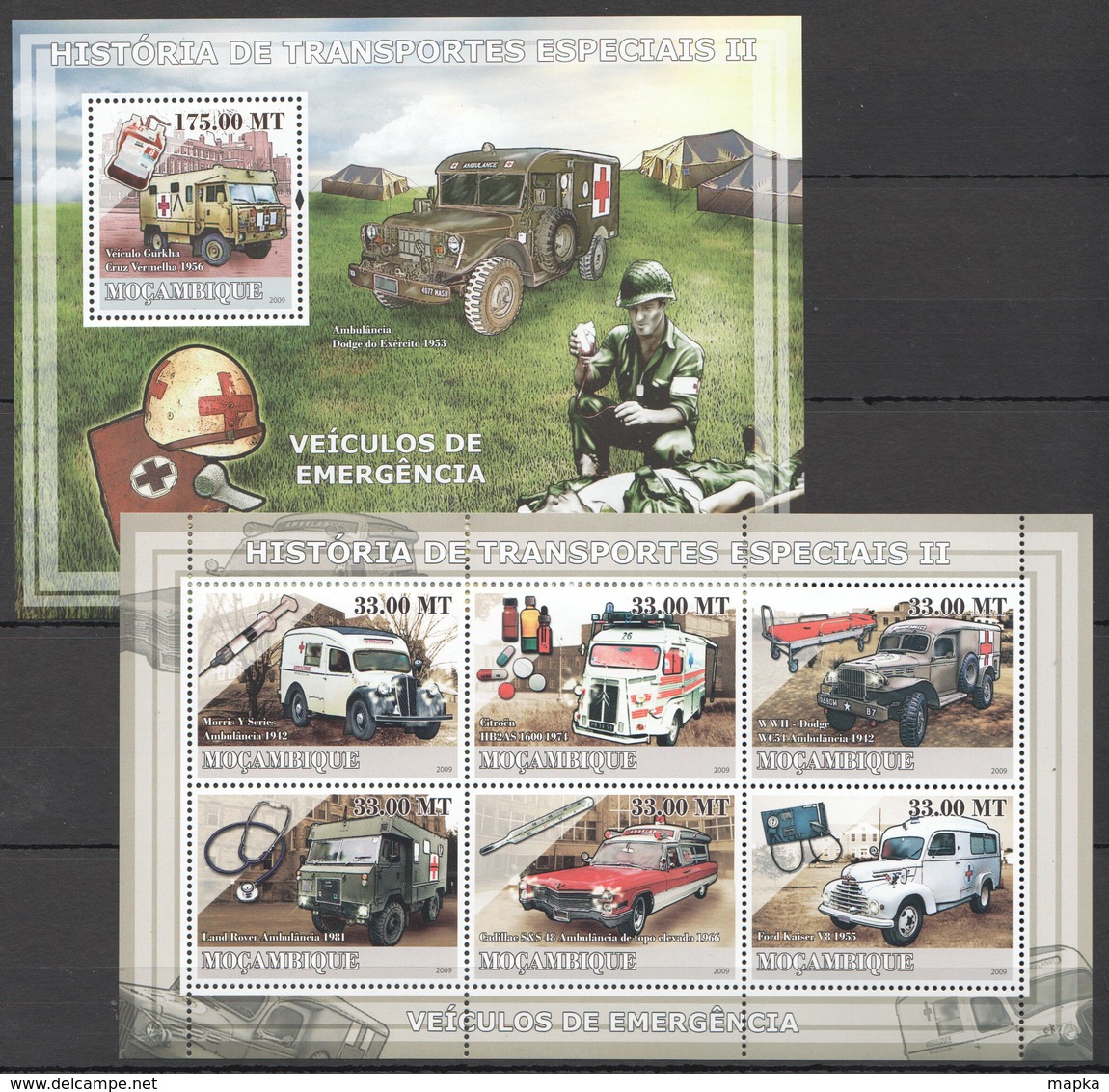 T1304 2009 MOCAMBIQUE HISTORY TRANSPORT SPEACIAL 2 AMBULANCE 1SH+1BL MNH - Altri (Terra)