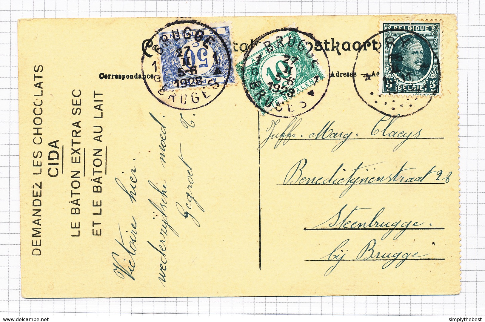 388/29 - Carte-Vue LAROCHE TP Houyoux Cachet RELAIS à Etoiles PRY 1928 Vers STEENBRUGGE - Taxée BRUGGE 10 + 50 C - Sterstempels