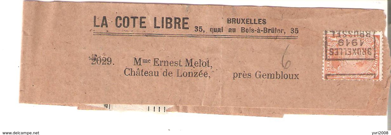 Bande Journaux TP.135 Préo Roulette Bruxelles 1919 - La Côte Libre Bruxelles V/Lonzée (Gembloux) - Rolstempels 1910-19
