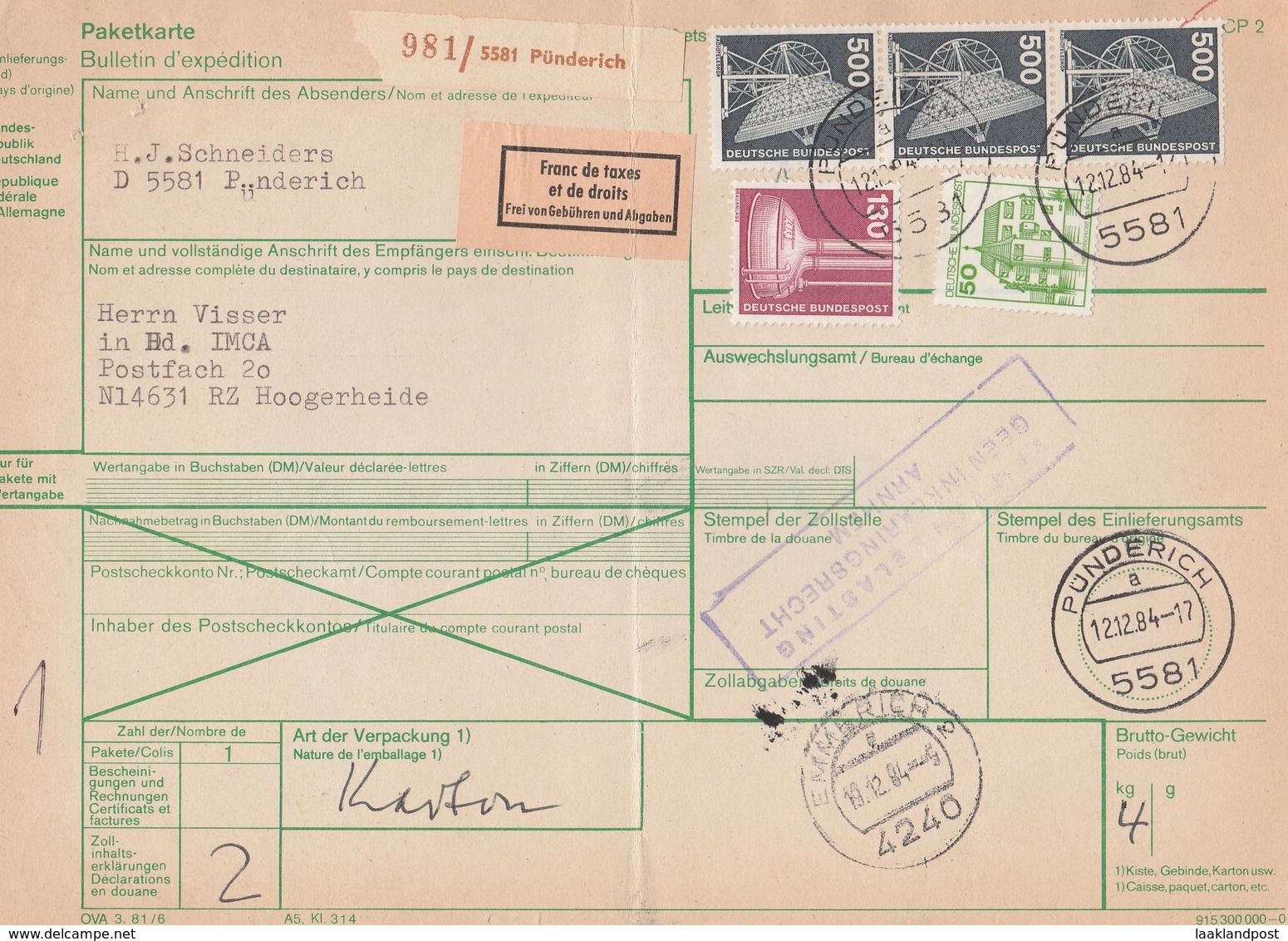 Paketkarte Punderich - Hoogerheide (Niederlande) Franc De Taxes Et De Droits 12/12/1984 - Brieven En Documenten