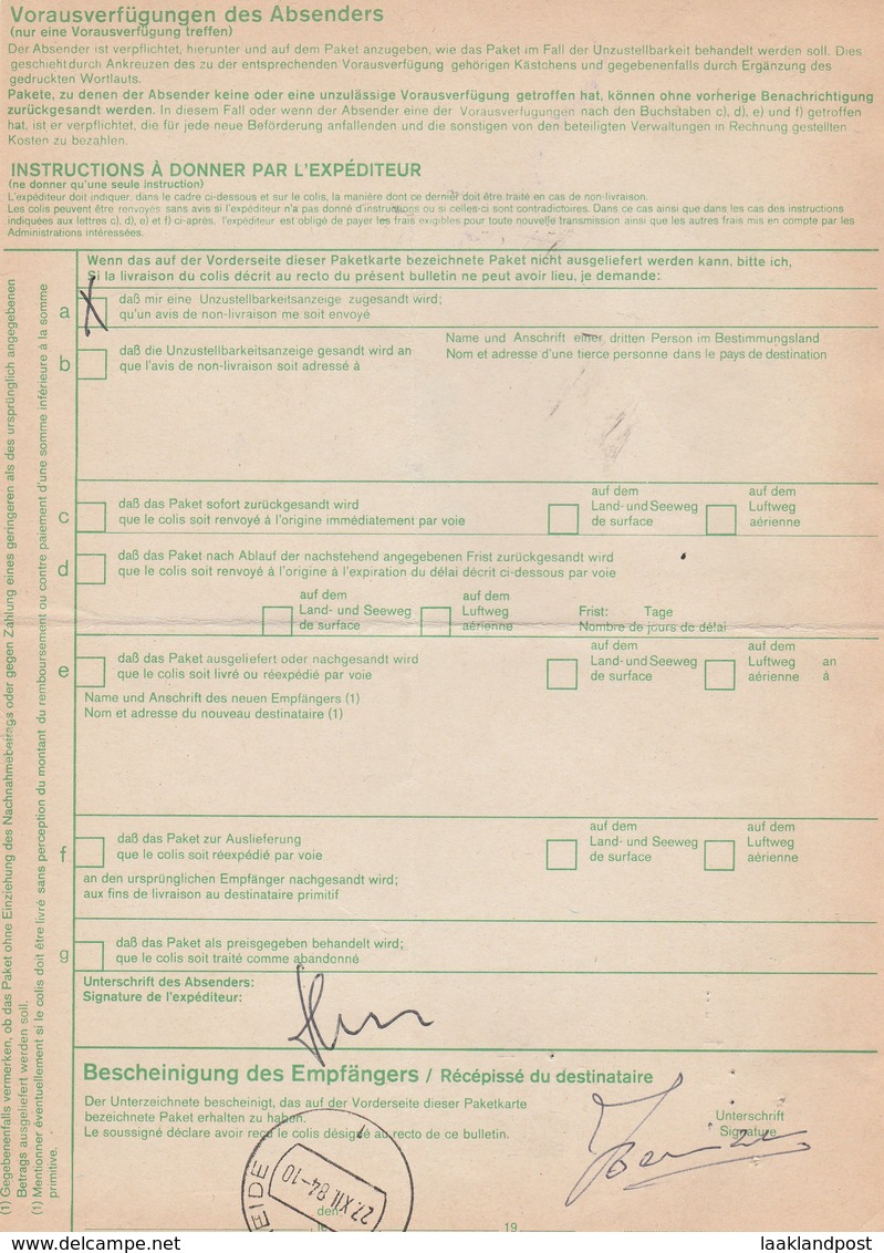 Paketkarte Punderich - Hoogerheide (Niederlande) Franc De Taxes Et De Droits 12/12/1984 - Brieven En Documenten