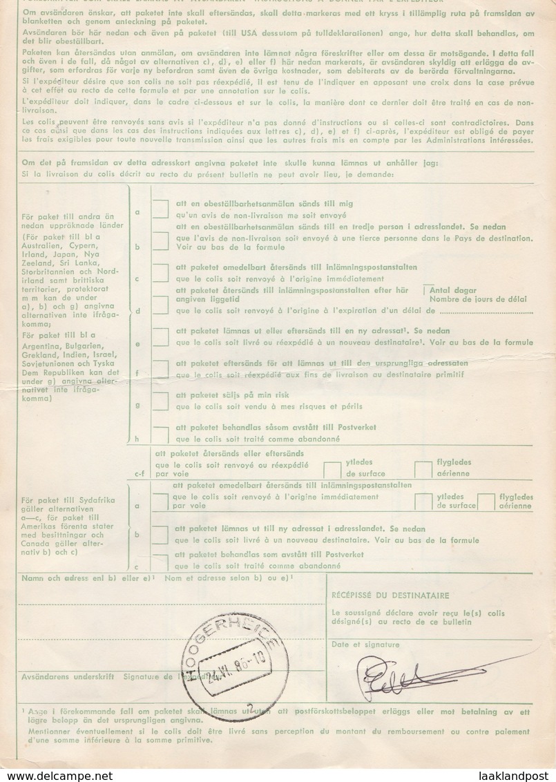 Bulletin D'Expedition Storviki (Zweden)-Hoogerheid (NL) Par Avion Eurocolis 19/6/1986 - Brieven En Documenten