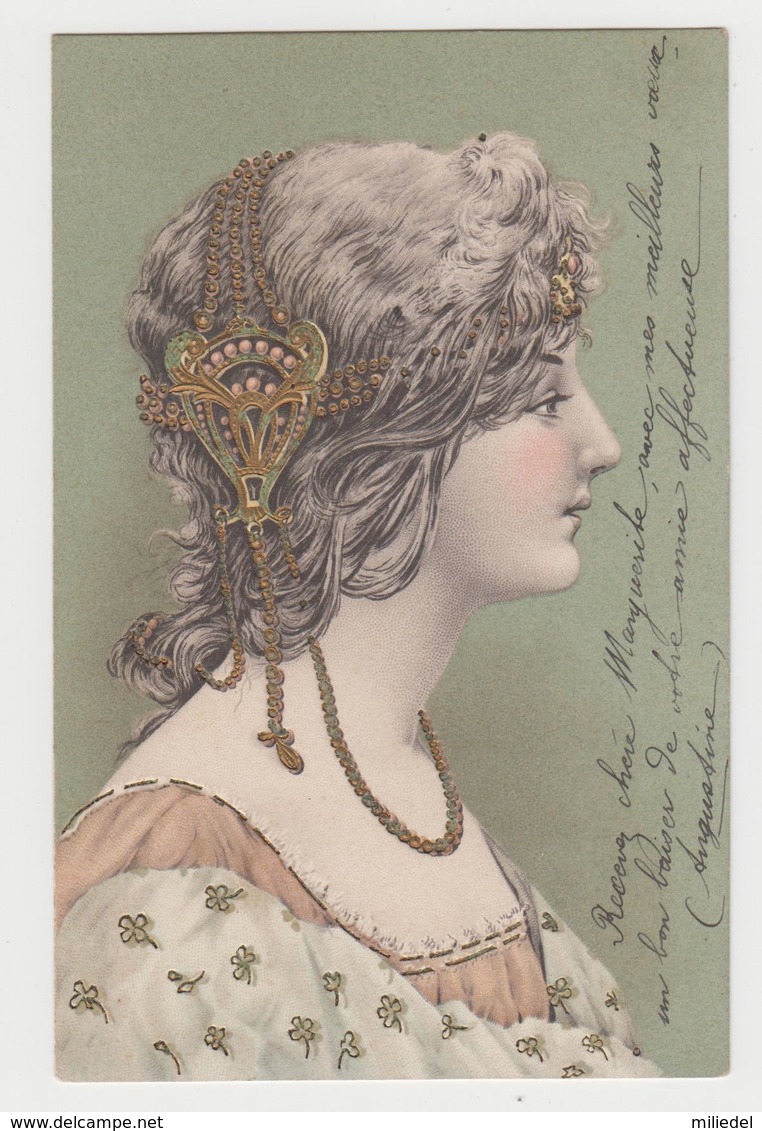 MF150 - Superbe Illustration Portrait De Femme - Gaufrée Et Dorée - FRAU - LADY - Art Nouveau - 1900-1949