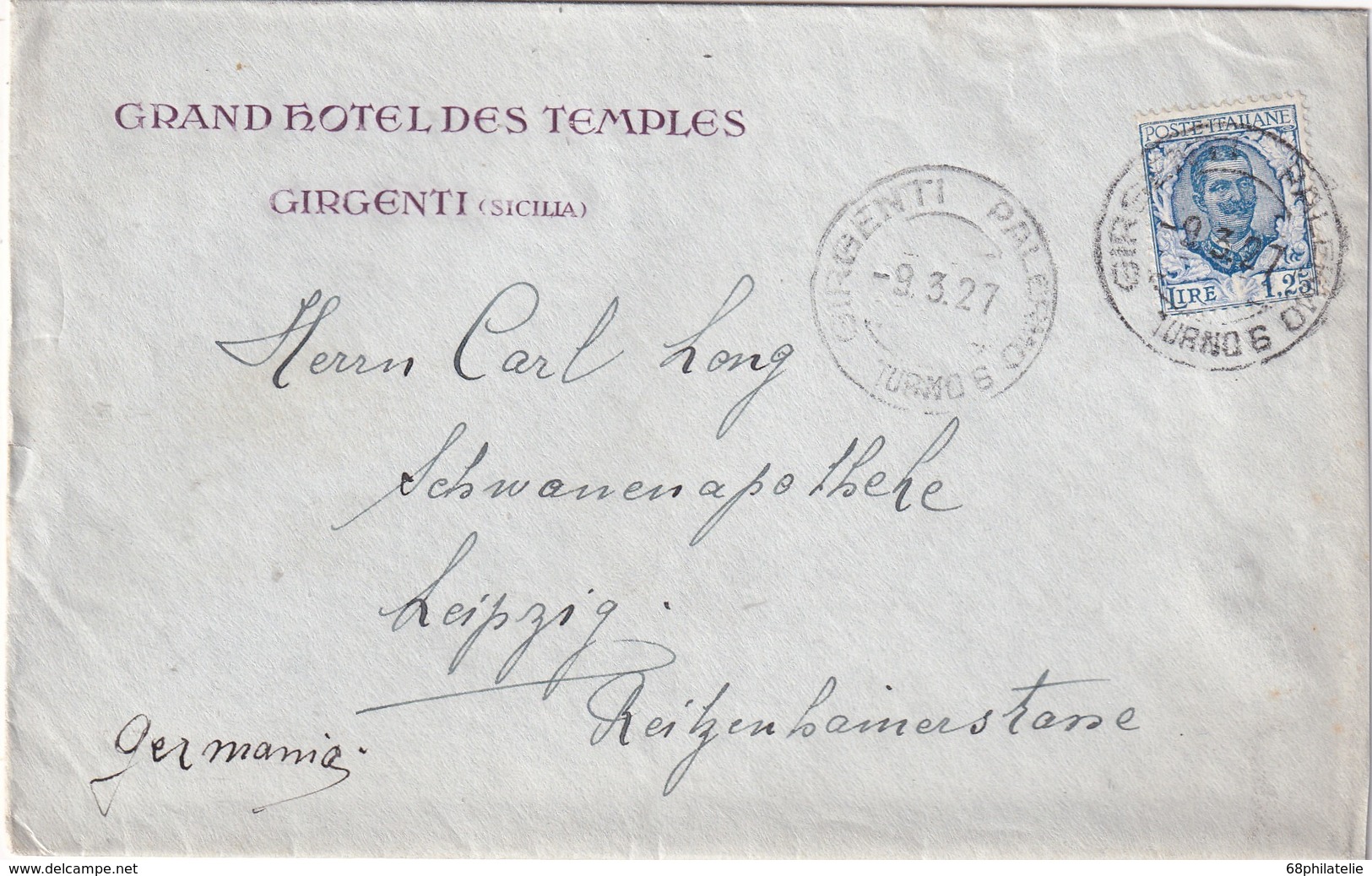 ITALIE 1927 LETTRE DE GIRGENTI  GRAND HOTEL DES TEMPLES - Marcophilie