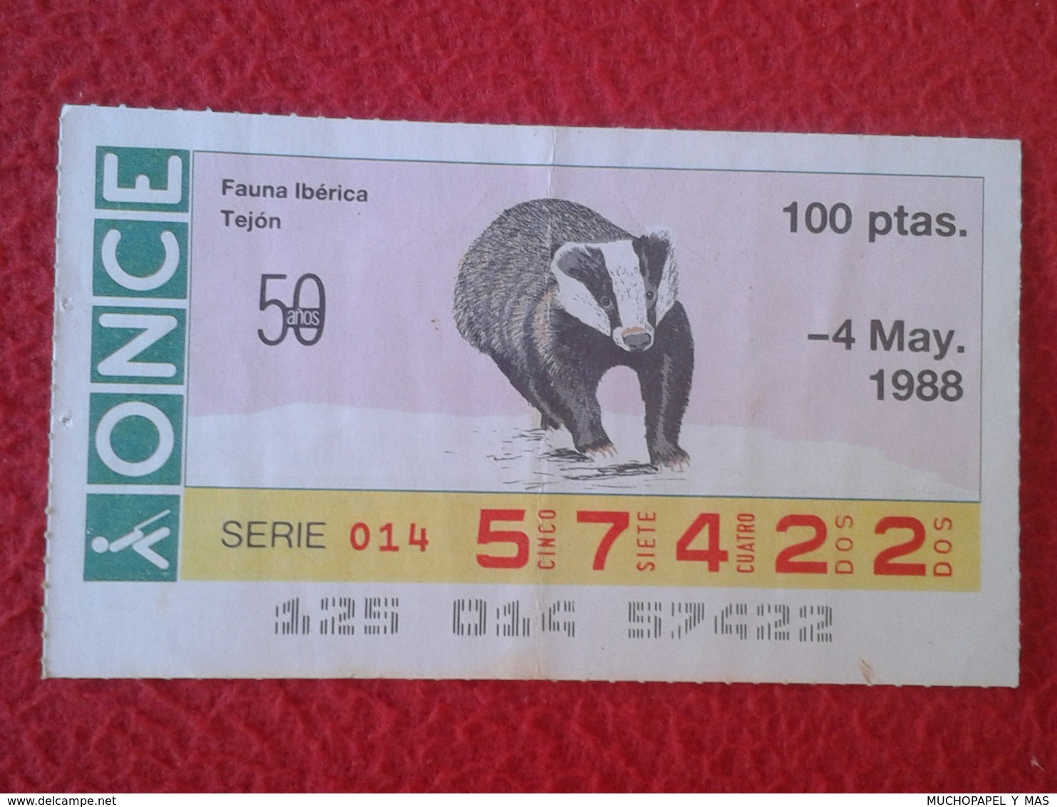 CUPÓN DE LA ONCE SPANISH LOTERY CIEGOS SPAIN LOTERÍA ESPAÑA BLIND 1988 FAUNA IBÉRICA ANIMALS TEJÓN BADGER VER FOTO/S Y D - Billetes De Lotería