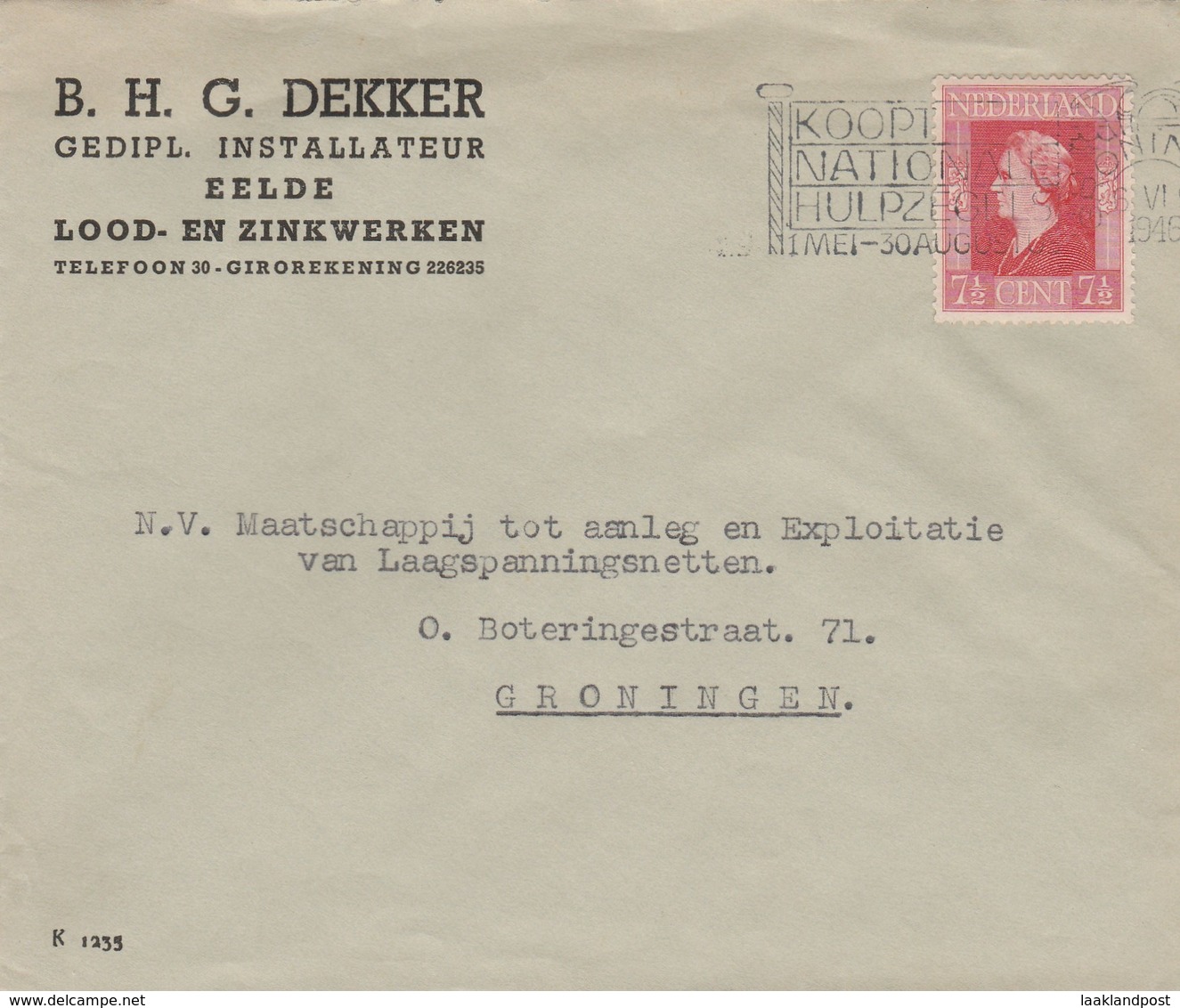 Firmcover Dekker Eelde Met Bevrijdingszegel 432, KOOP NATIONALE HULPZEGELS - Brieven En Documenten