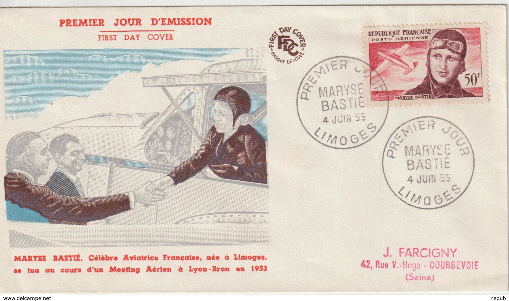 France FDC 1955 Maryse Bastié  PA 34 - 1950-1959