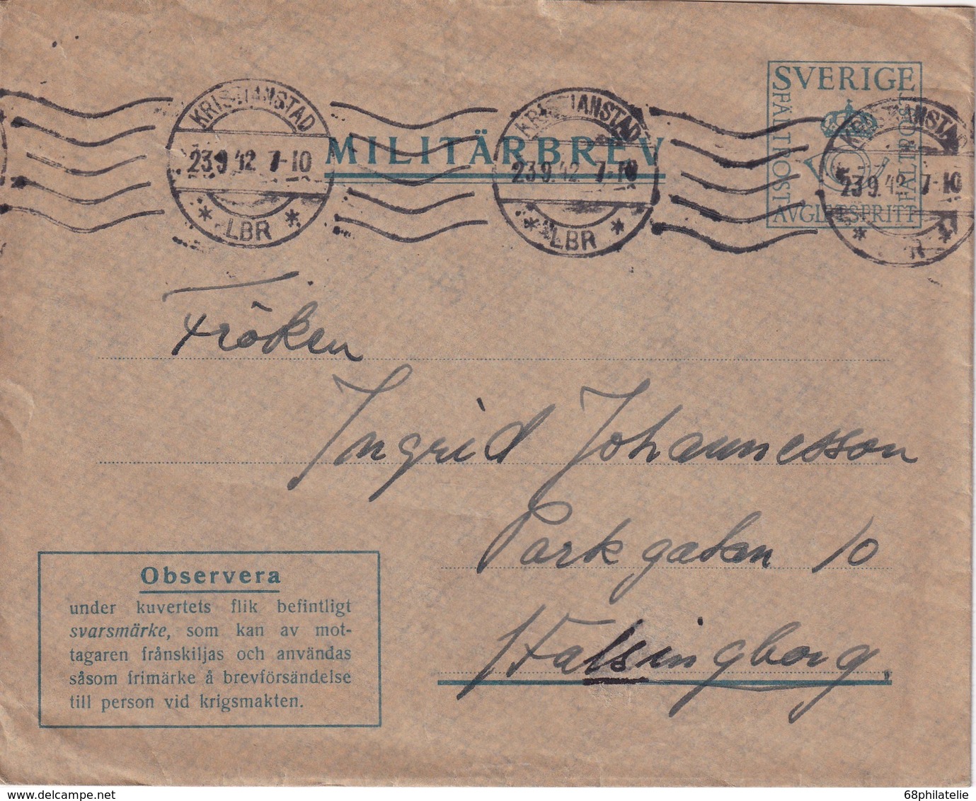 SUEDE 1942   ENTIER POSTAL/GANZSACHE/POSTAL STATIONERY LETTRE MILITAIRE DE KRISTIANSTAD - Militares