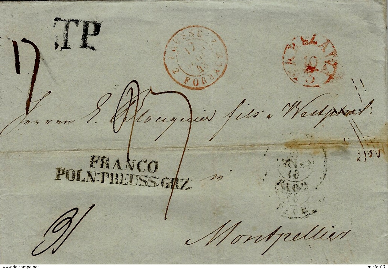 1843- Letter From Varsovie To Montpellier ( France)  T.P. Black + FRANCO / POLN.PREUSS.GRZ - ...-1860 Voorfilatelie