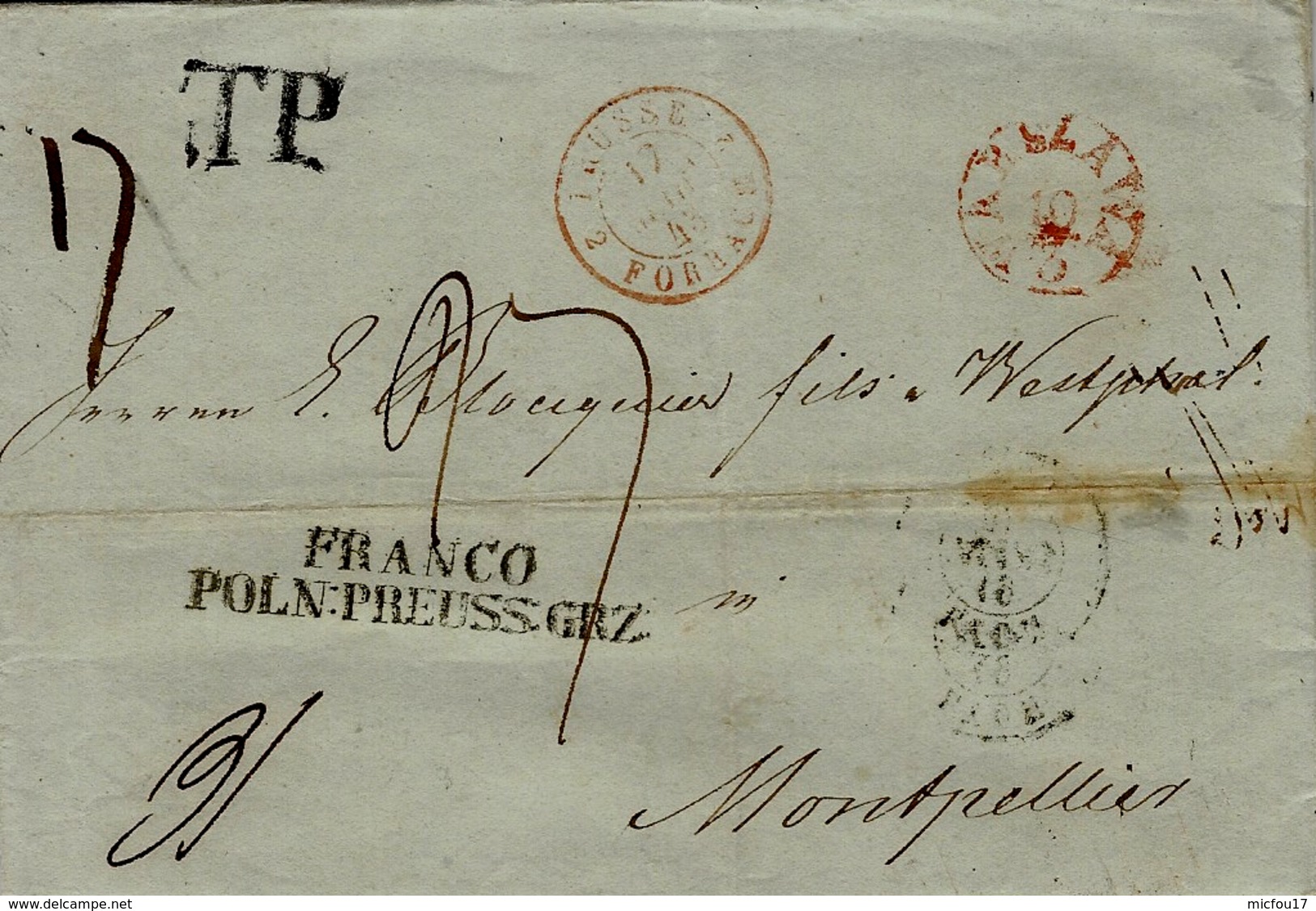 1843- Letter From Varsovie To Montpellier ( France)  T.P. Black + FRANCO / POLN.PREUSS.GRZ - ...-1860 Prefilatelia