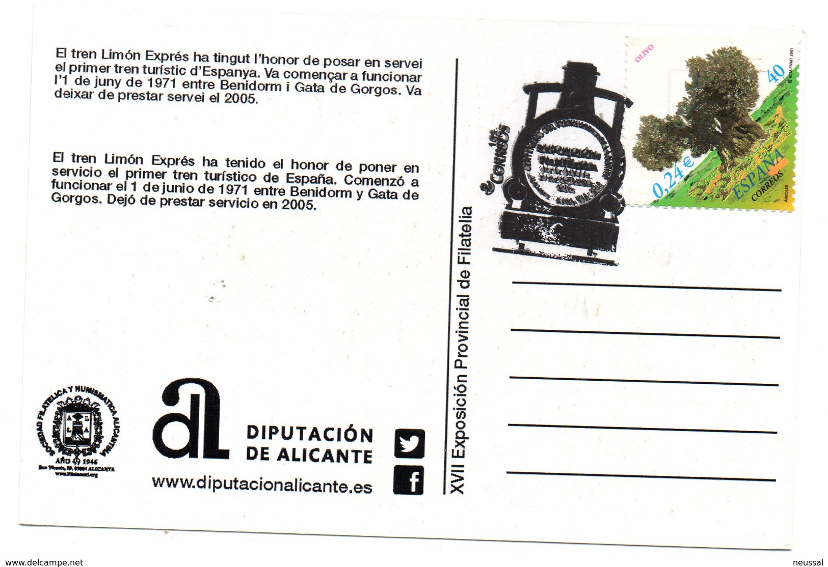 Tarjeta Postal Centenario Ferrocarril Alicante-denia Con Matasello Commemorativo Exposicion Filatelica - Cartas & Documentos