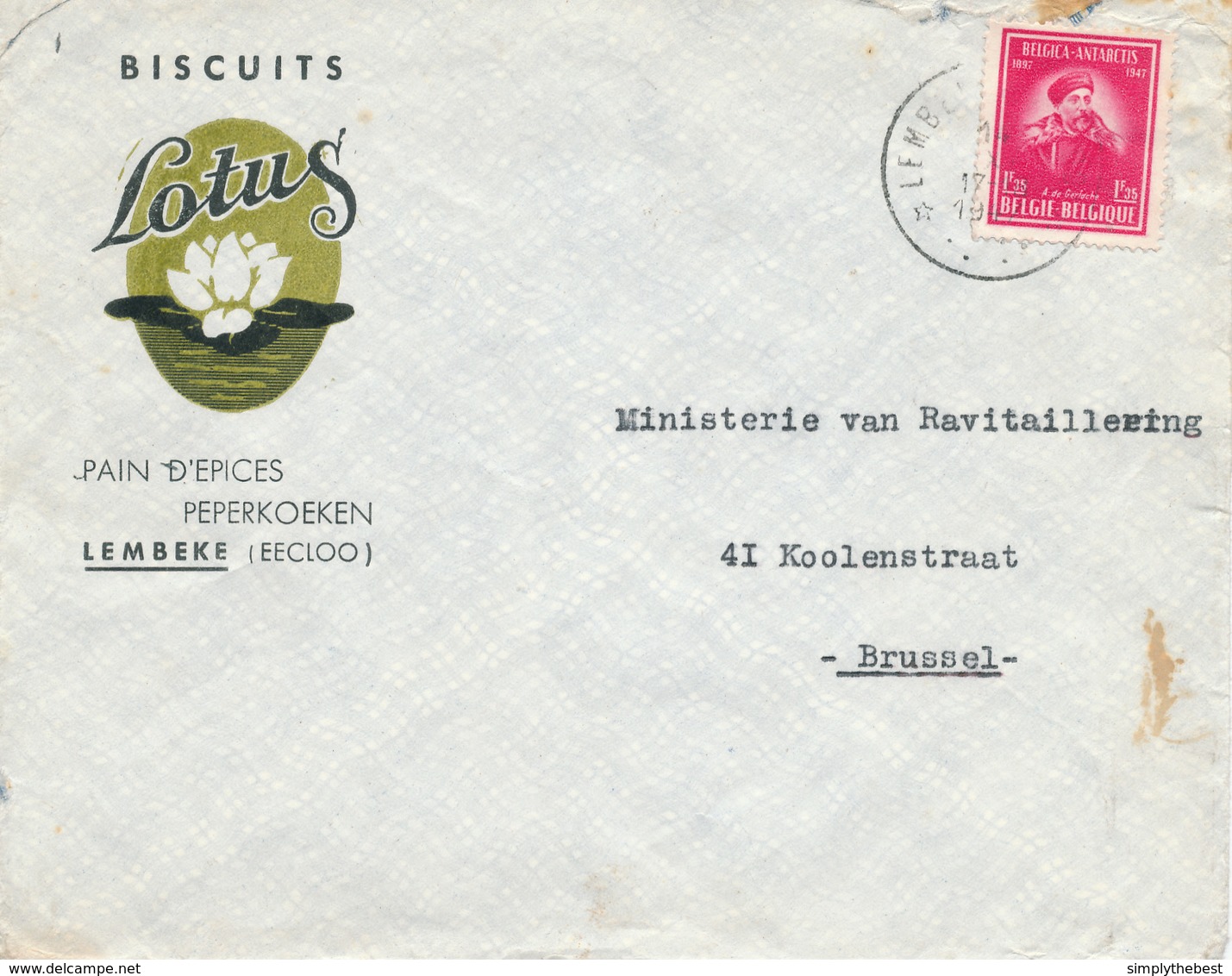 399/29 - Enveloppe TP 749 De Gerlache Cachet RELAIS à Etoiles LEMBEKE (Eecloo) 1947- Entete Biscuits Pains Epices Lotus - Sterstempels