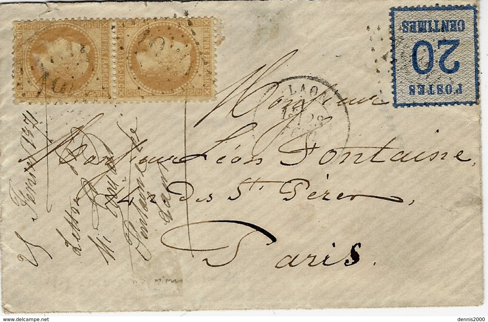 25 Février 1871- Enveloppe De LAON ( Aisne ) Pour Paris Affr. Paire N°28 + 20 C Alsace Lorraine Oblit. G C 1959 - 1849-1876: Période Classique