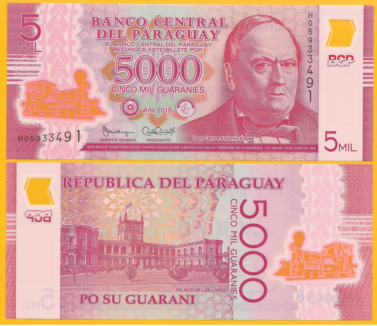 Paraguay	5000 Guaranies P-234b 2016 UNC Polymer Banknote - Paraguay