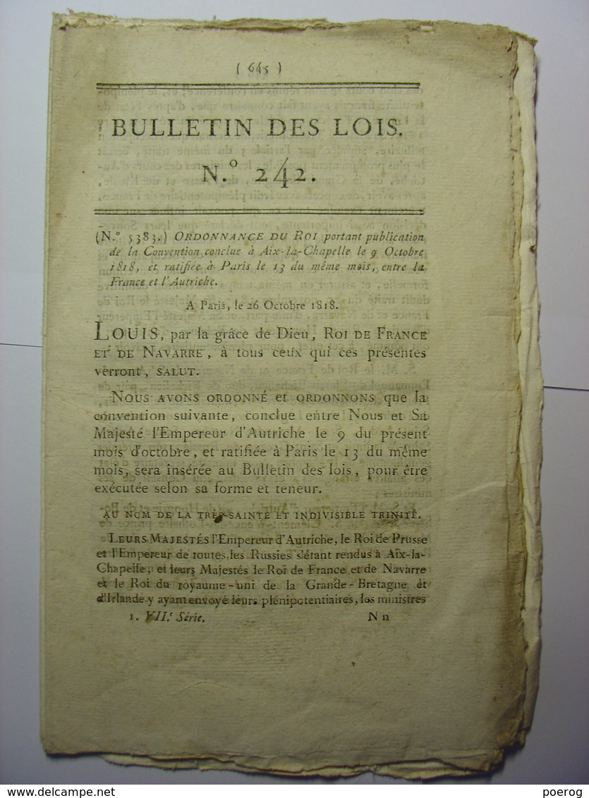 BULLETIN DES LOIS Du 5 NOVEMBRE 1818 - CONVENTION FRANCE AUTRICHE - SAINT SULPICE LES FEUILLES - BOUCHER TOUL - - Wetten & Decreten