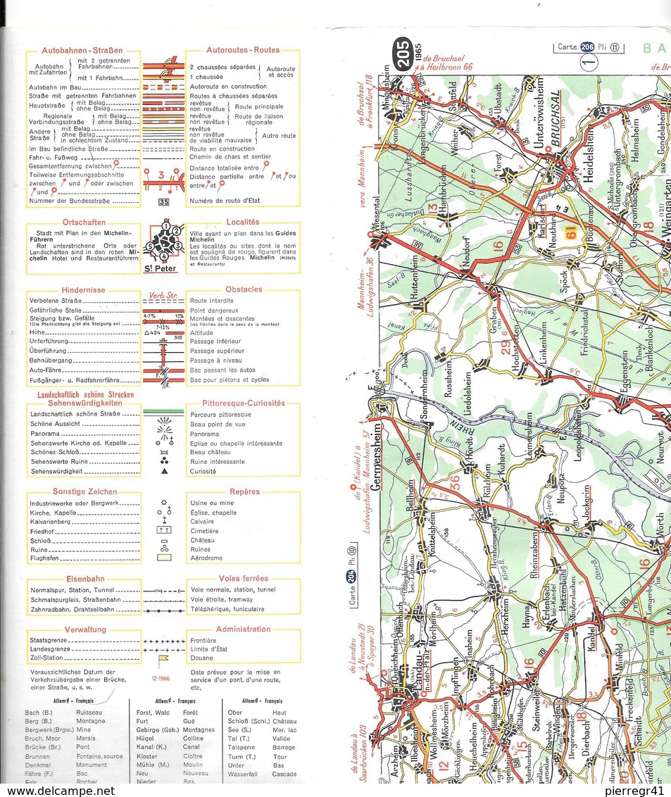 CARTE-ROUTIERE-MICHELIN-N°205-1965-DEUTSCHLAND-ALLEMAGNE-Pas  De Plis Coupés-TBE - Cartes Routières