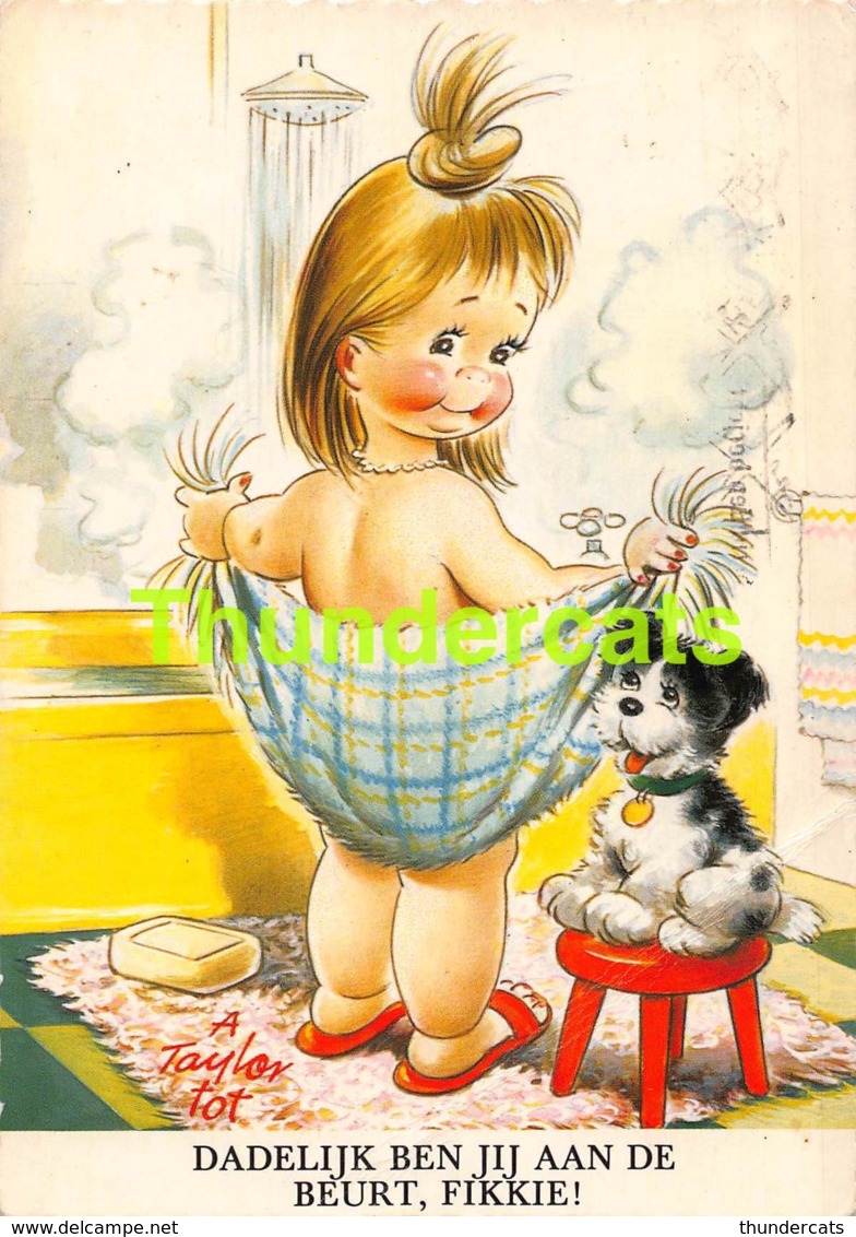 CPSM ILLUSTRATEUR TAYLOR TOT ARTIST SIGNED ENFANT CHIEN GIRL DOG ( GRAND PLI - LARGE CREASE ) - Taylor