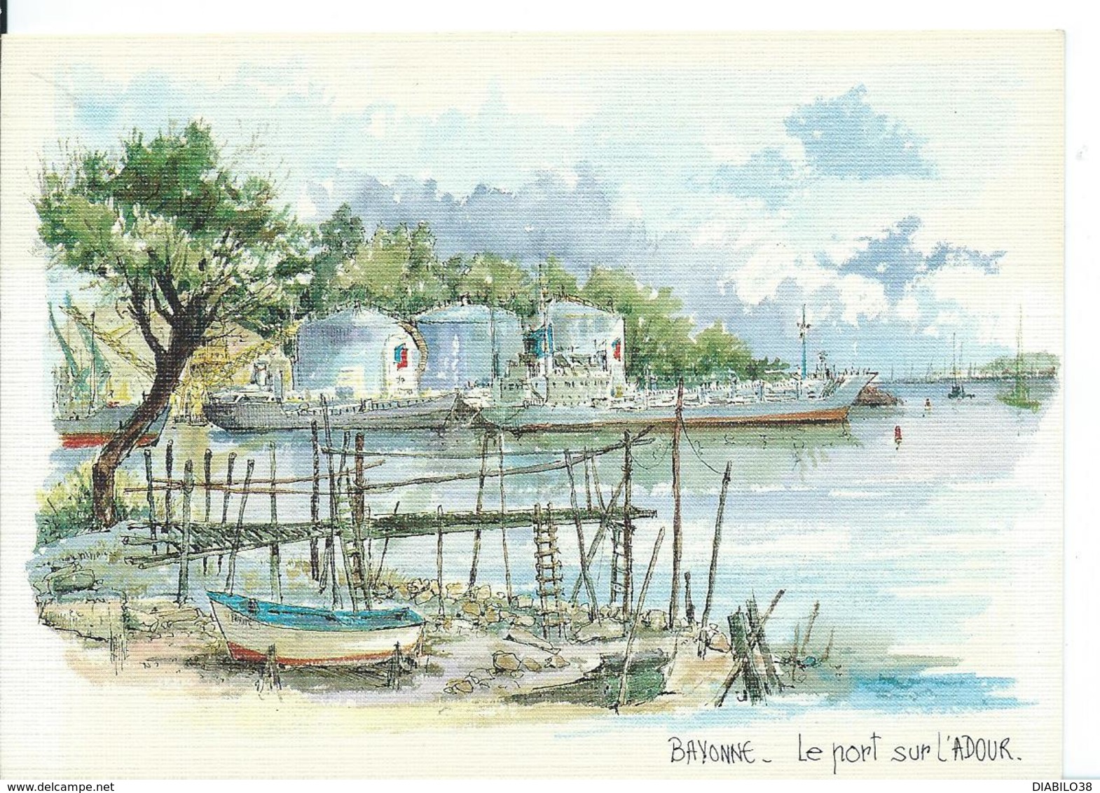 **  BAYONNE   ( PYRENNEES ATLANTIQUES )   LE PORT SUR L 'ADOUR AQUARELLE  DE ROBERT LEPINE - Bayonne