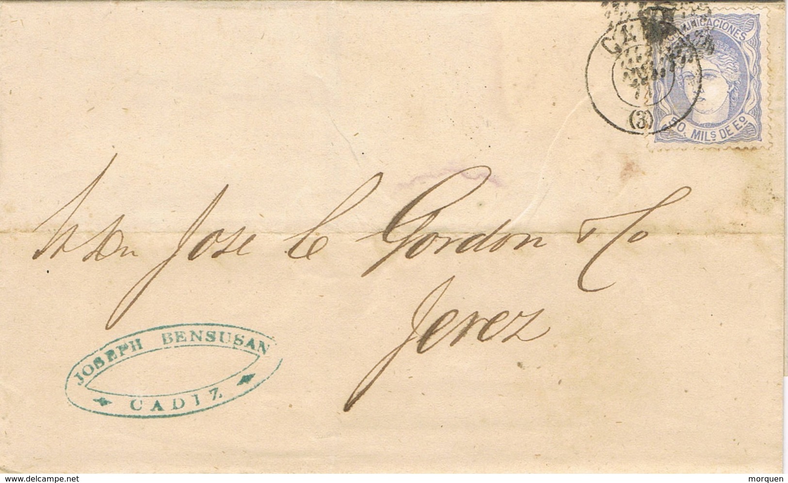 33381. Envuelta CADIZ 1871. Alegoria, Fechador Palo Recto Y Rombo De Puntos - Storia Postale