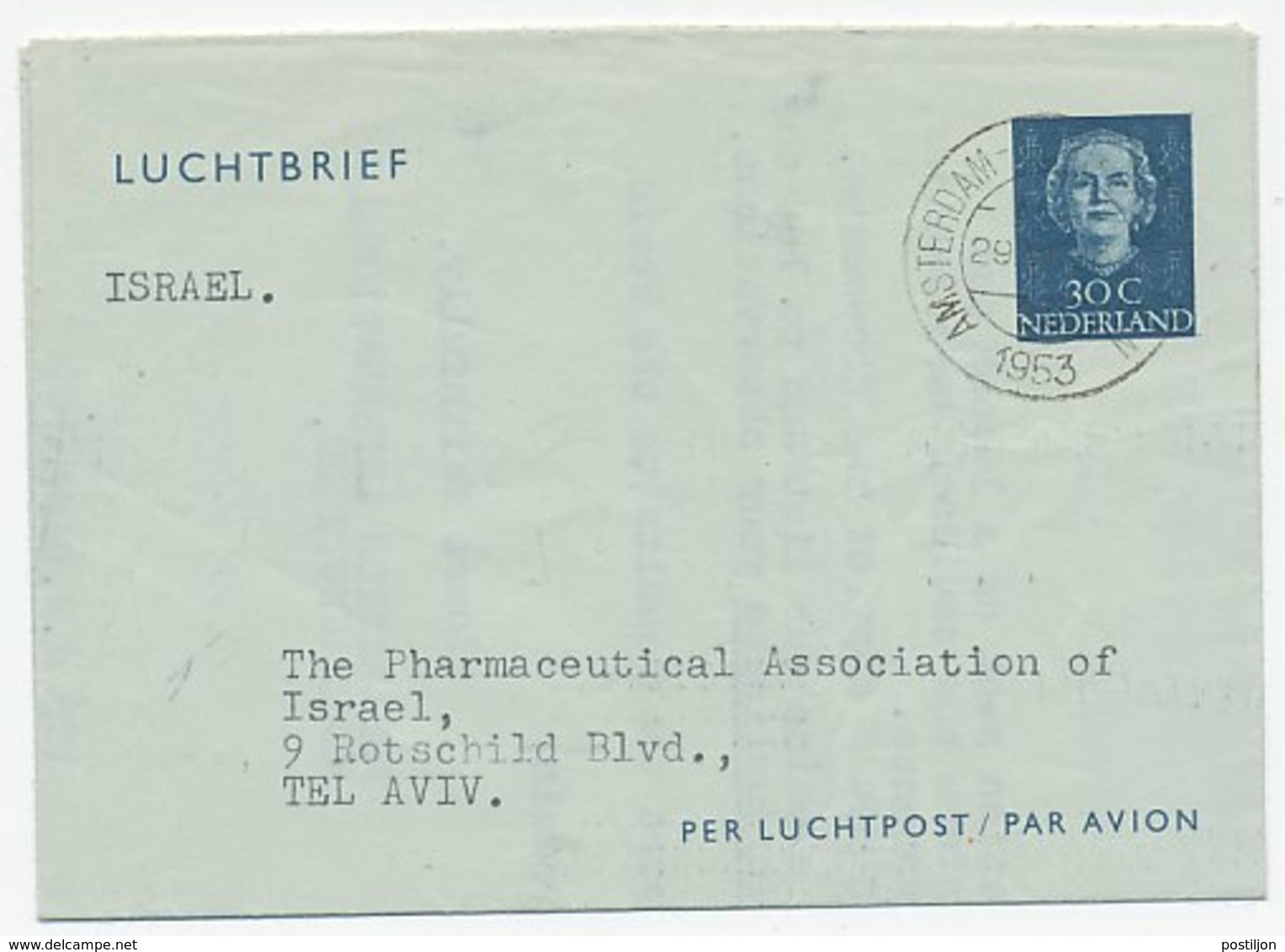 Luchtpostblad G. 6 Amsterdam - Tel Aviv Israel 1953 - Postal Stationery