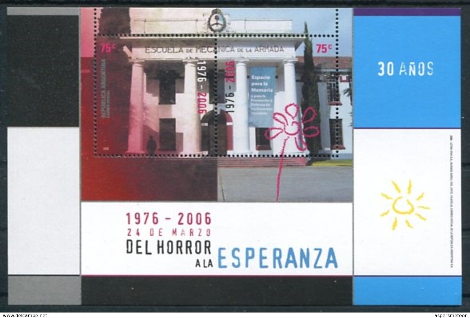 DEL HORROR A LA ESPERANZA, 24 DE MARZO 1976-2006. ARGENTINA JALIL HB 170 HOJA BLOCK TBE MNH. DICTADURA MILITAR - LILHU - Blokken & Velletjes